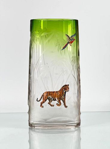 Moser Engraved and Sculpted Tiger and Parrot Vase