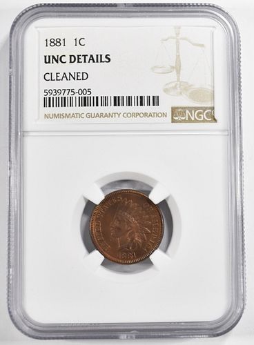 1881 INDIAN HEAD CENT NGC UNC DETAILS CLEANED