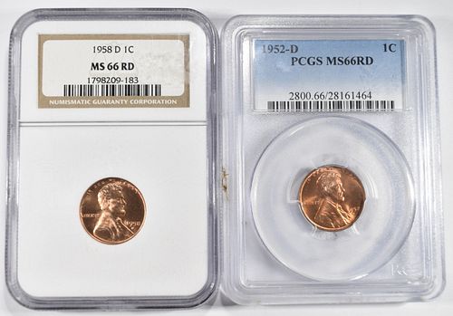 1952 D PCGS , 1958 D NGC WHEAT CENTS MS 66 RD