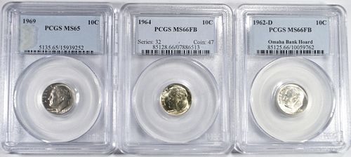 LOT OF 3 PCGS GRADED ROOSEVELT DIMES: