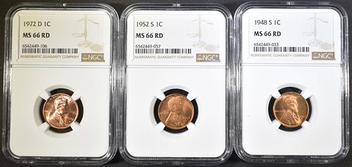 1948-S, 52-S, 72-D LINCOLN CENTS NGC MS-66 RD