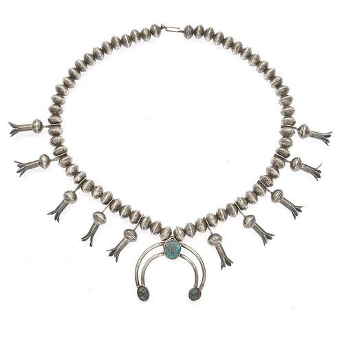 Navajo Turquoise, Silver Squash Blossom Necklace