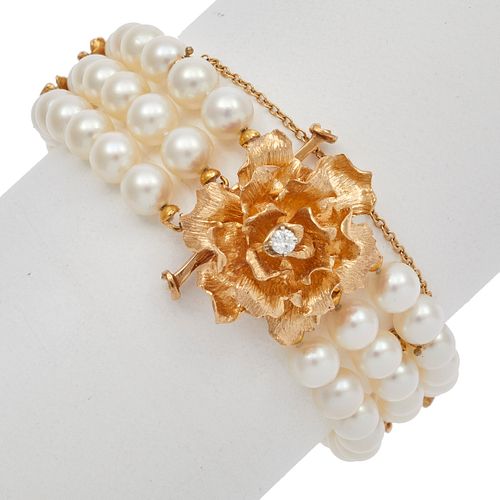 Diamond, Cultured Pearl, 14k Triple Strand Bracelet