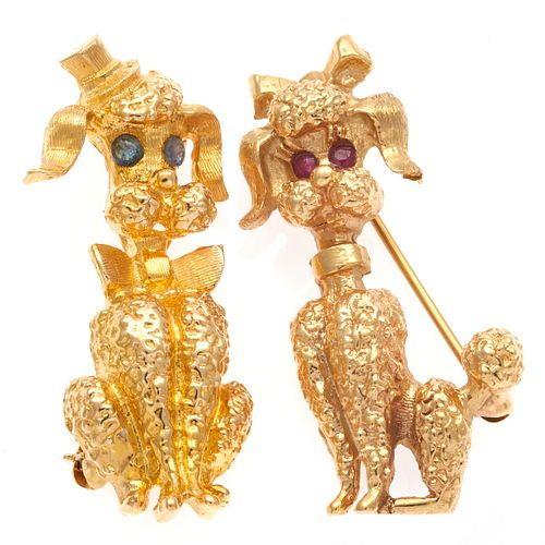 Collection of Two Sapphire, Ruby, 14k Poodle Pins