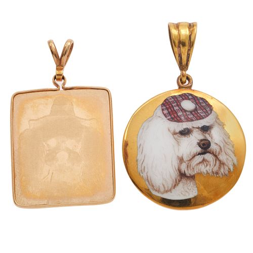 Collection of Two Gold, Enamel Dog Pendants