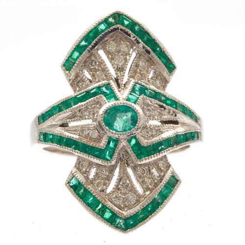Diamond, Emerald, 18k White Gold Ring