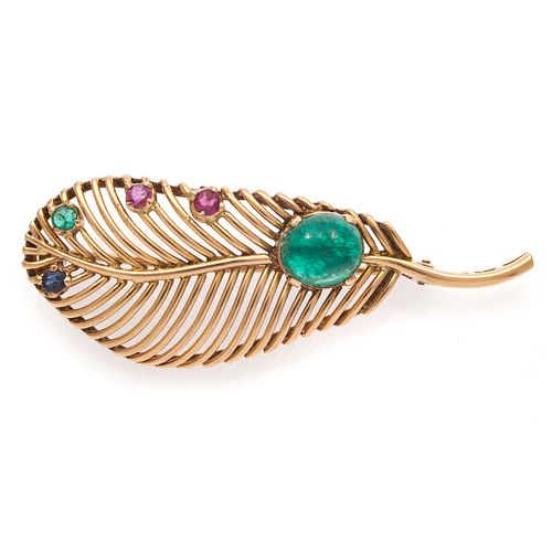 Emerald, Ruby, Sapphire, 14k Feather Pin