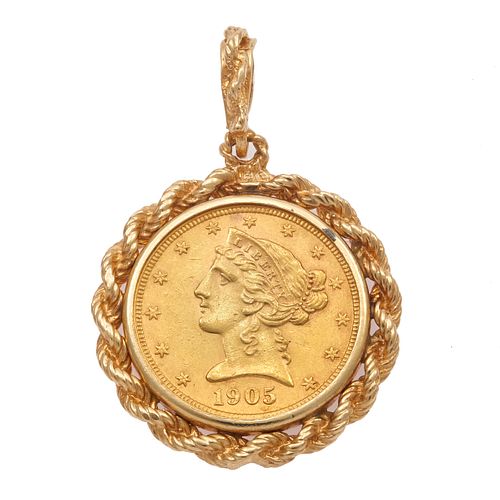 1905 U.S.$5 Liberty Head Coin, 14k Yellow Gold Pendant