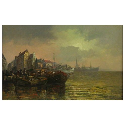 Roelof Dozeman (Dutch, 1924-1996) Harbor at Dusk