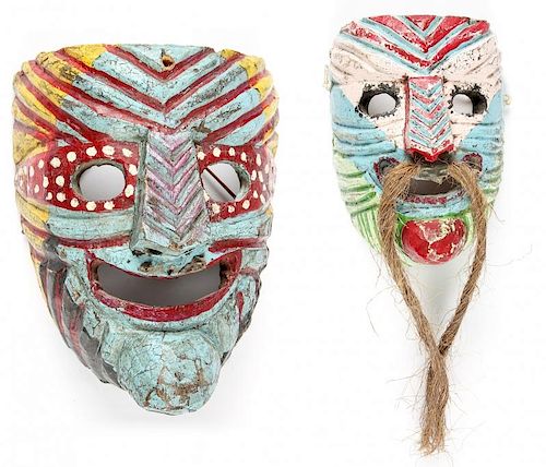 2 Vintage Mexican Chantolo Dance Masks, Hidalgo State