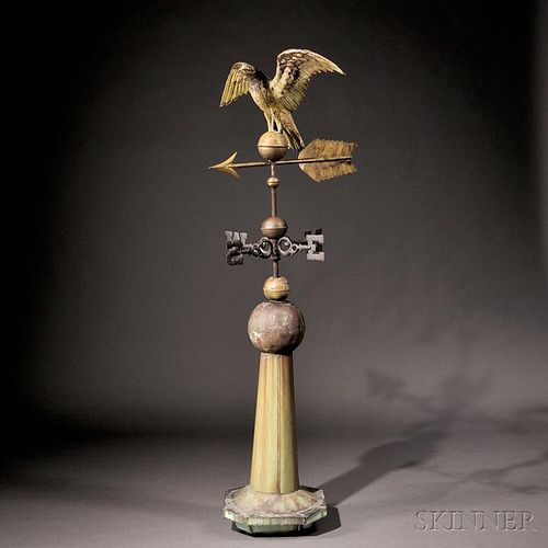 Gilt Molded Copper Eagle Weathervane with Directionals on Original Sheet   Copper Stand