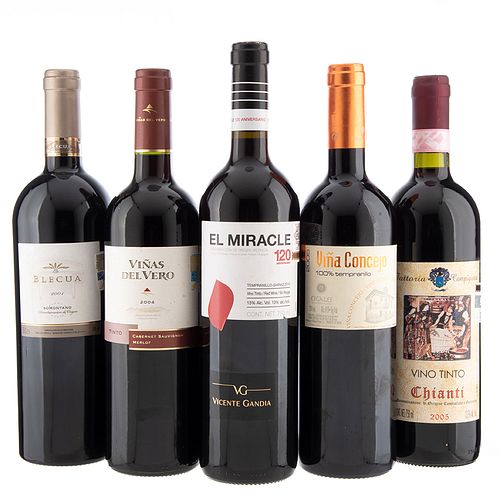 Lote de Vinos Tintos de Italia y España. Chianti. El Miracle. Blecua. En presentaciones de 750 ml. Total de piezas: 5.