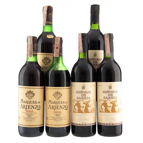 Lote de Vinos Tintos de España. Marques de Arienzo. Señorio de Sarria. En presentación de 750 ml. Total de piezas: 6.