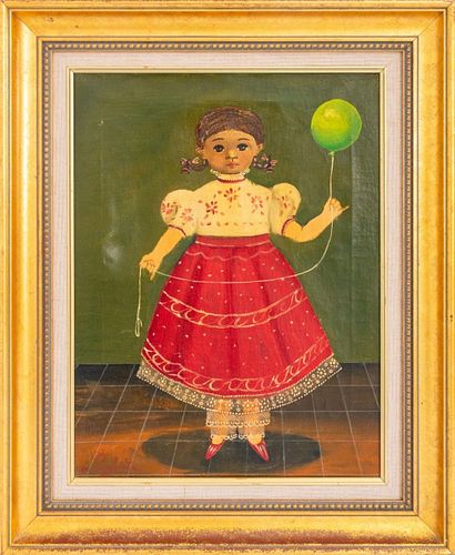 A. Labios, Girl With Green Balloon, Oil on Canvas