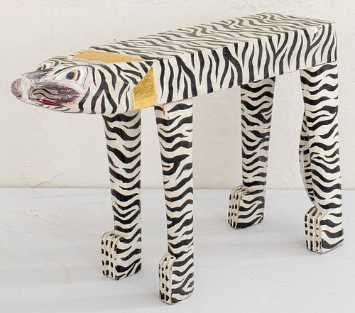 Folk Art Zebra-Striped Cat Stool