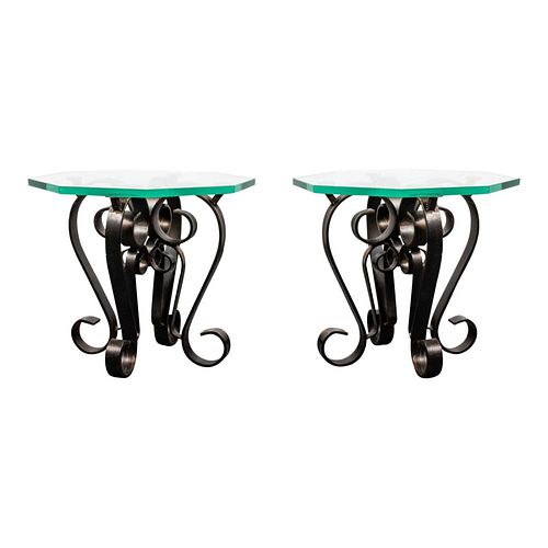 Modern Scrolled Metal & Glass Top Side Tables, Pr