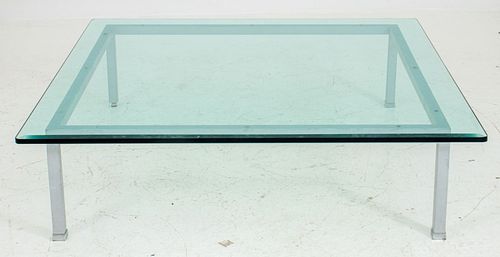 Modernist Glass and Gray-Coated Metal Low Table