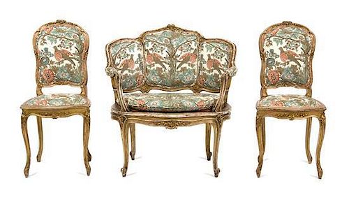 An Assembled Louis XV Style Giltwood Parlor Suite Height of settee 35 x width 33 x depth 22 inches.