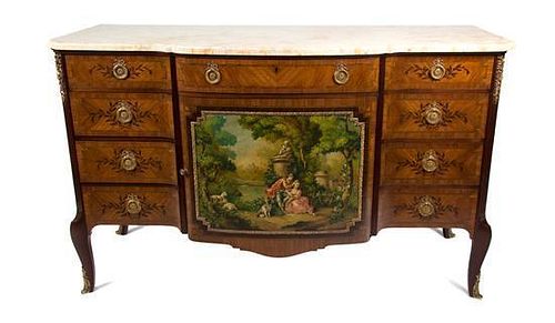 A Louis XVI Style Marquetry and Painted Commode Height 36 x width 55 x depth 24 1/4 inches.