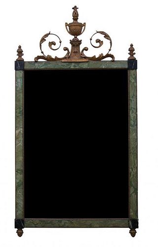 A Louis XVI Style Faux Painted and Giltwood Mirror Height 52 1/2 x width 27 1/2 inches.