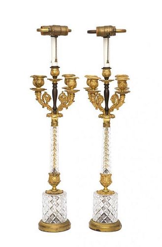 A Pair of Continental Gilt Bronze and Cut Glass Table Lamps Height 31 inches.