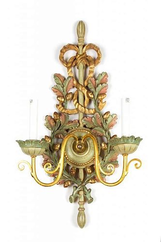 An Italian Carved and Painted Giltwood Two-Light Wall Sconce Height 25 inches.