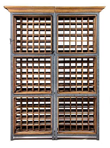 A Pair of Zinc and Mahogany Wine Storage Racks Height 85 x width 27 1/2 x depth 13 inches.