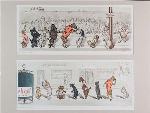 A Pair of Color Engravings from The Dirty Dogs of Paris Each 7 1/4 x 18 1/2 inches.