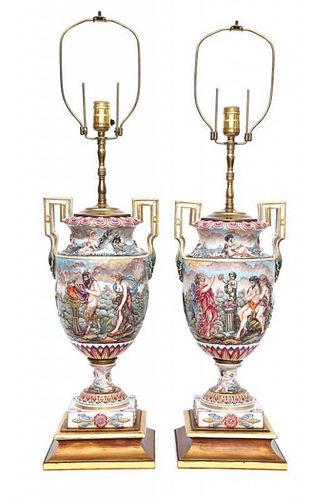 A Pair of Capo-di-Monte Porcelain Urns Height overall 33 inches.