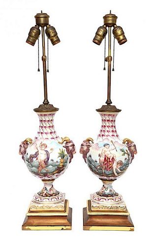 A Pair of Capo-di-Monte Porcelain Vases Height overall 30 inches.