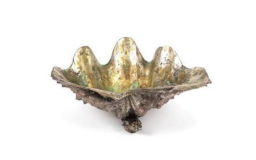 A Silvered Metal Shell Form Footed Bowl Length 9 inches.