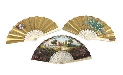 A Set of Three Continental Painted Fans Width of widest 8 3/4 inches.
