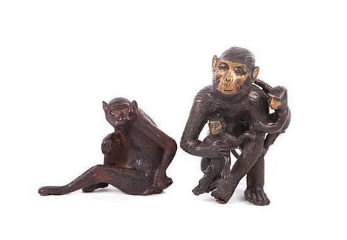 Two Patinated Bronze Sculptures of Monkeys Height of tallest 7 3/4 inches.