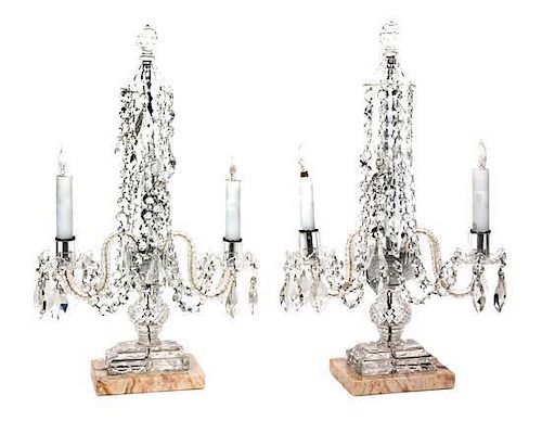A Pair of Cut Glass Two-Light Candelabra Height 23 3/4 inches.