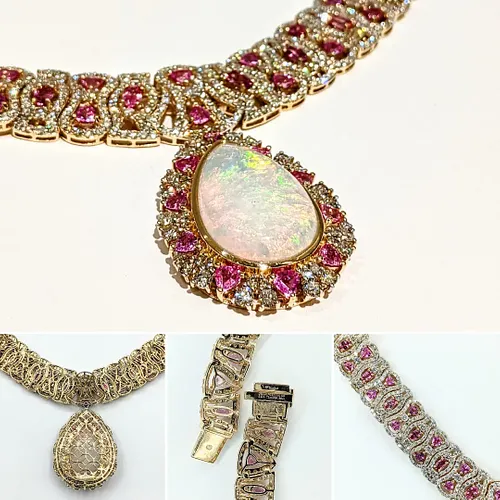 Beautiful Opal, Pink Sapphire & Diamond Collar Necklace