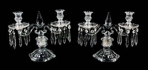 A Pair of Molded Glass Two-Light Candelabra Height of tallest 10 3/8 inches.