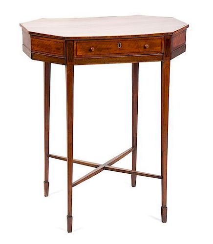 A Sheraton Style Satinwood Work Table Height 28 1/4 x width 23 x depth 13 3/4 inches.