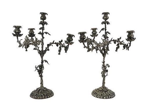 A Pair of Continental Silver-Plate Four-Light Candelabra Height 25 inches.