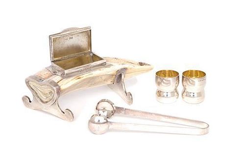 An English Silver Mounted Tusk , A. Barrett & Sons, London , together with a pair of Bulgari silver jiggers and a pair of Napier