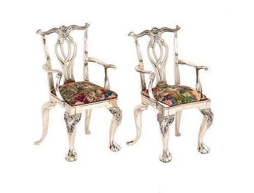 A Pair of Silver Chippendale Style Miniature Armchairs Height 4 3/4 inches.