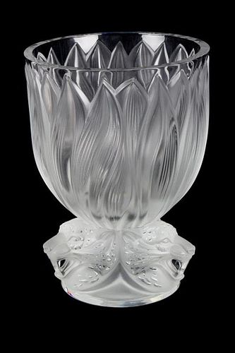 A Lalique Molded and Frosted Crystal Vase Height 11 1/4 inches