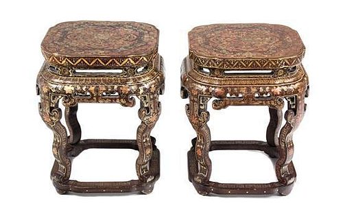 A Pair of Chinese Export Lacquer Tabourets Height 17 3/4 x width 14 1/2 x depth 14 1/2 inches.