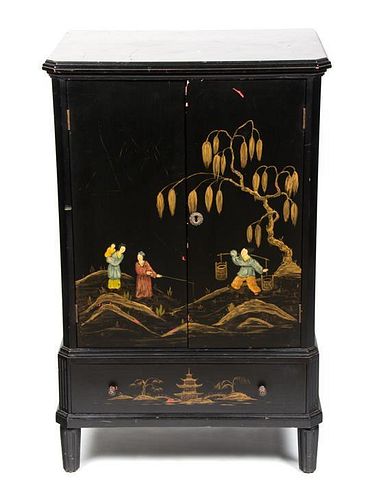 A Chinese Export Black Lacquer Side Cabinet Height 34 3/4 x width 22 x depth 16 1/4 inches.