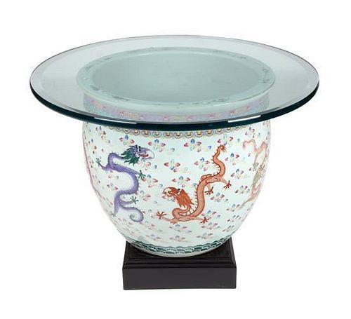 A Pair of Chinese Export Porcelain Jardinière Jardinière height 23 1/2 x diameter 20 1/2 inches, glass top diameter 29 3/4 inche