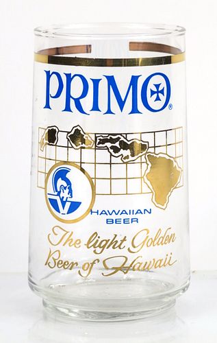 1972 Primo Beer 5 Inch Tall ACL Drinking Glass Honolulu, Hawaii