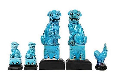 Five Pieces of Chinese Turquoise Glazed Ceramics Height of tallest 10 1/8 inches.