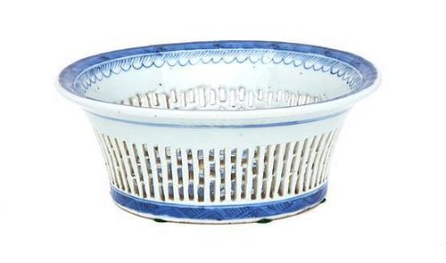 A Chinese Blue and White Canton Reticulated Fruit Basket Height 3 1/4 x width 6 3/4 x depth 8 inches.