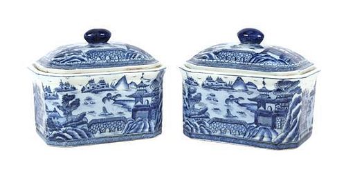 A Pair of Chinese Export Porcelain Covered Boxes Height 7 x width 7 3/4 x depth 6 7/8 inches.