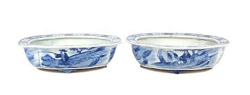 A Pair of Chinese Export Blue and White Porcelain Footed Bowls Width 10 3/4 inches.