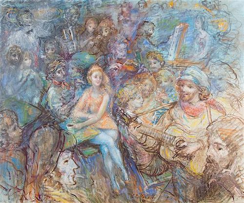 Lucien Philippe Moretti, (French, 1922-2000), Cafe cene with musicians and artist, 1972